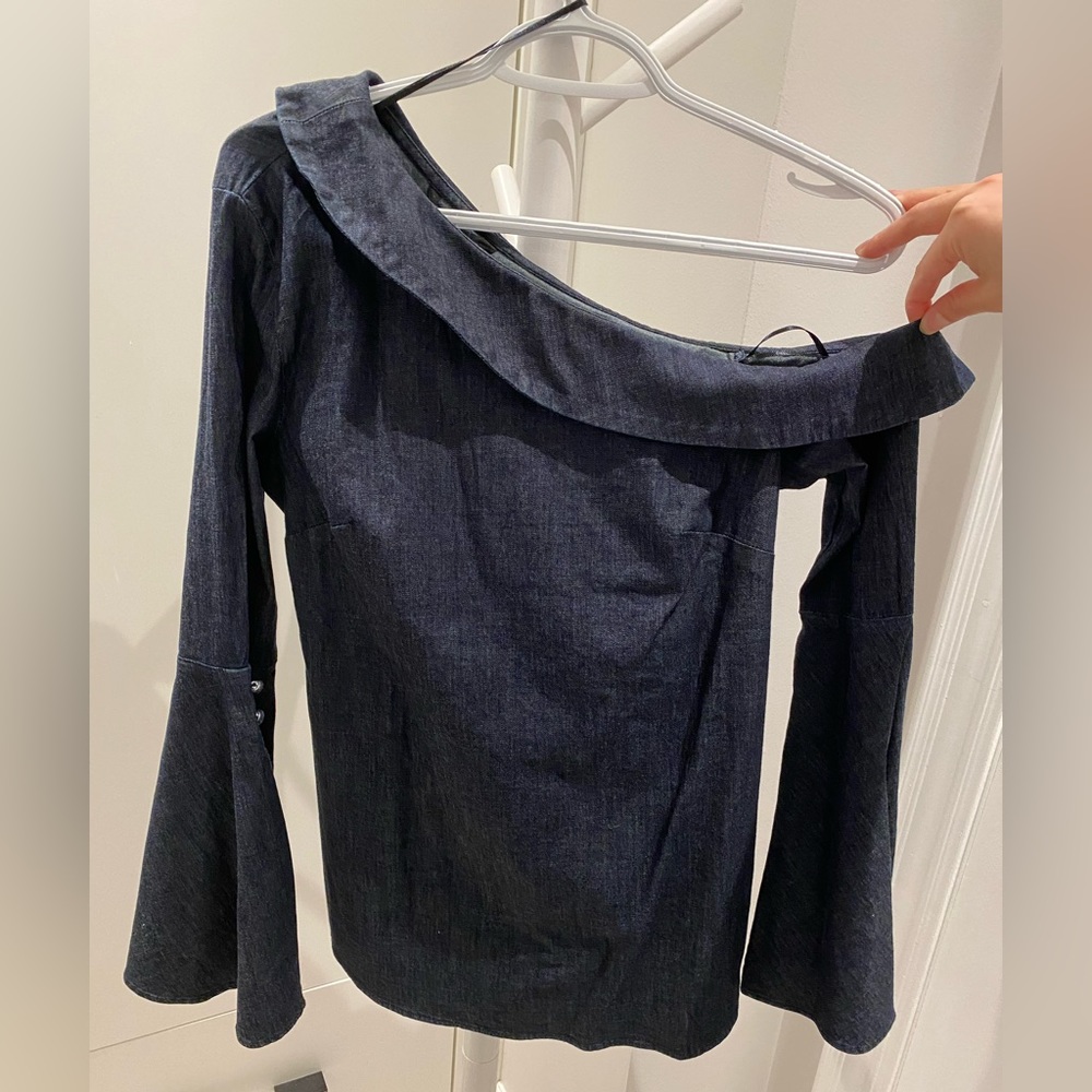 Banana Republic One Shoulder Ruffle Denim Blouse